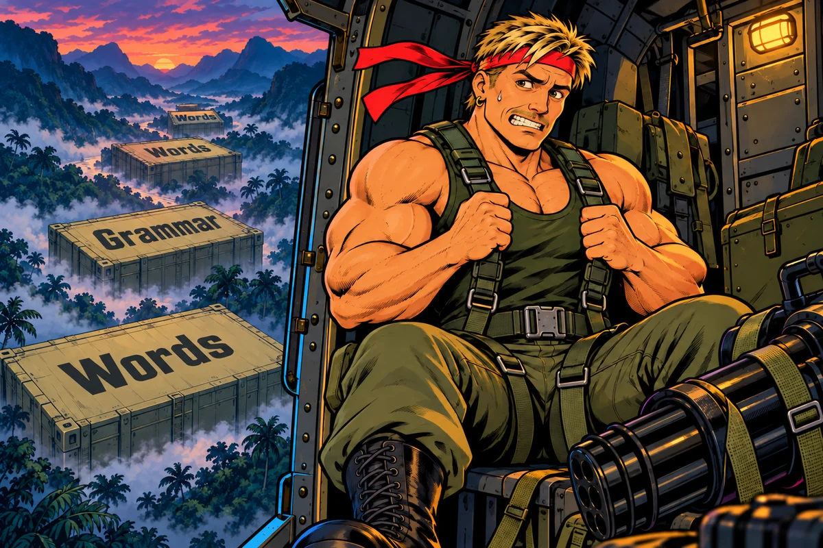 The Word Commando hero nervously grips his harness in a helicopter above giant jungle crates marked Words and Grammar.