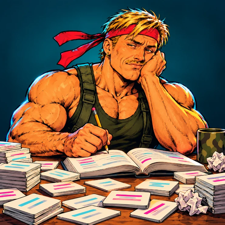 A bored Word Commando hero surrounded by stacks of flashcards, resting his cheek on his hand.