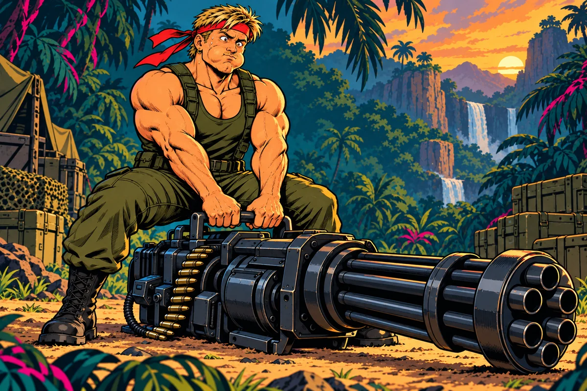 Our enormously muscular hero strains to lift an even more enormous weapon from the jungle floor.