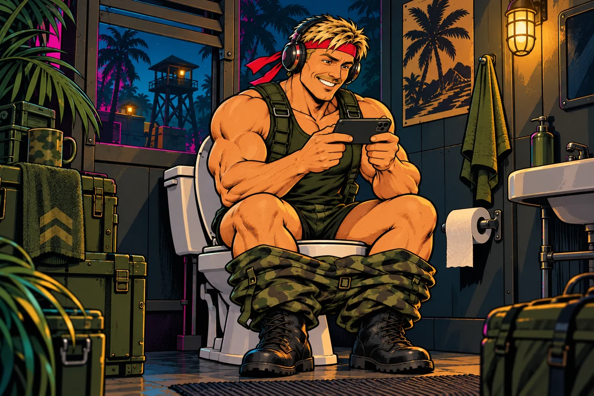 The hero grins goofily at his phone while sitting on a toilet wearing chunky eighties headphones.